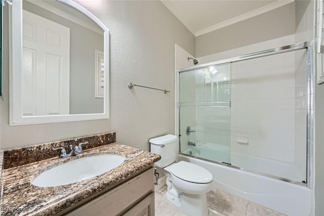 full bathroom with shower / bath combination with glass door, vanity, toilet, and crown molding