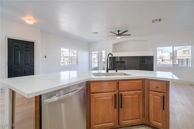 kitchen with a sink, open floor plan, visible vents, ceiling fan, and dishwasher