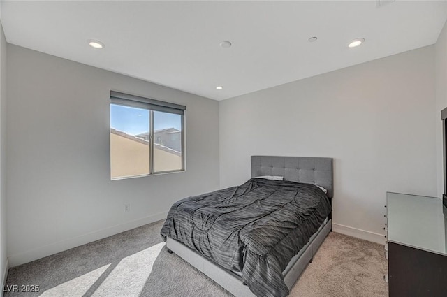 carpeted bedroom with recessed lighting and baseboards