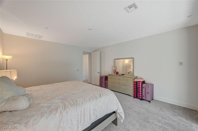 bedroom featuring light carpet, baseboards, and visible vents