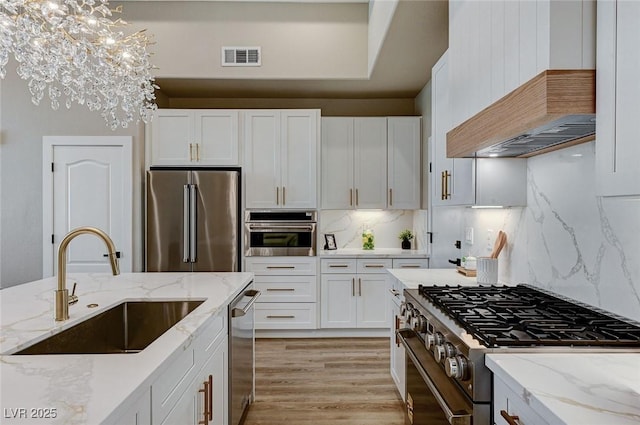 kitchen with premium appliances, visible vents, white cabinetry, a sink, and premium range hood