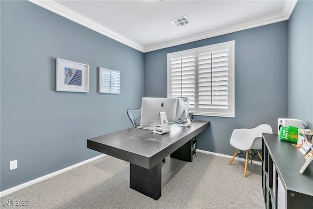 carpeted office space featuring crown molding, visible vents, and baseboards