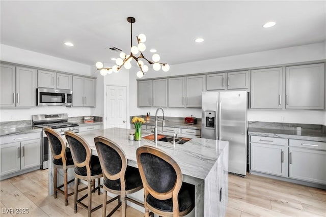 kitchen with a center island with sink, visible vents, gray cabinets, a sink, and appliances with stainless steel finishes