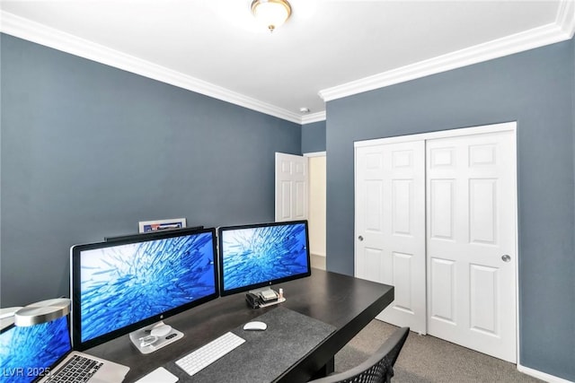 carpeted home office with ornamental molding