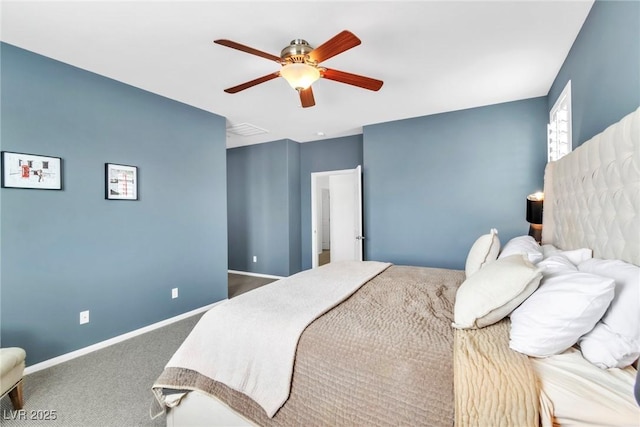 carpeted bedroom with visible vents, ceiling fan, and baseboards