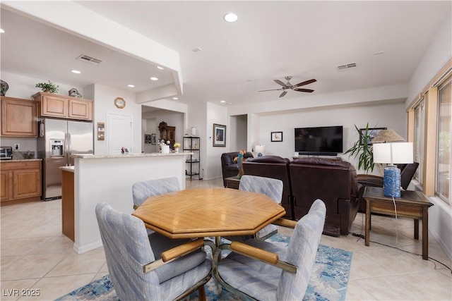 dining room with recessed lighting, visible vents, ceiling fan, and light tile patterned floors