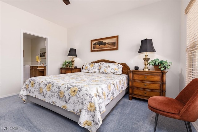 bedroom featuring carpet floors, ensuite bath, a ceiling fan, and baseboards