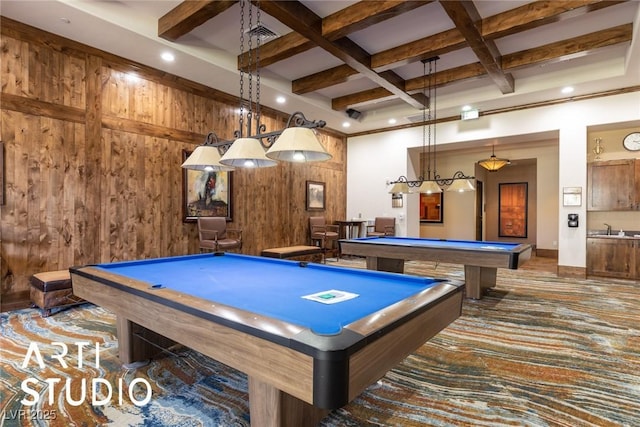 playroom featuring wooden walls, coffered ceiling, beamed ceiling, and pool table