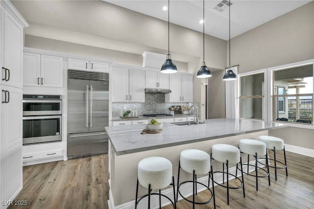 kitchen with backsplash, under cabinet range hood, appliances with stainless steel finishes, white cabinetry, and a sink