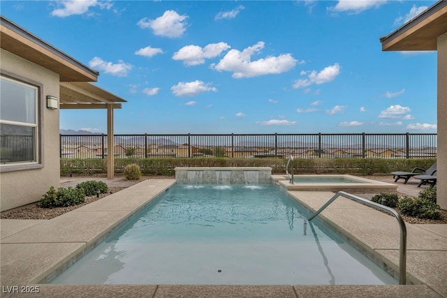 view of pool featuring a fenced in pool, an in ground hot tub, a fenced backyard, and a patio area