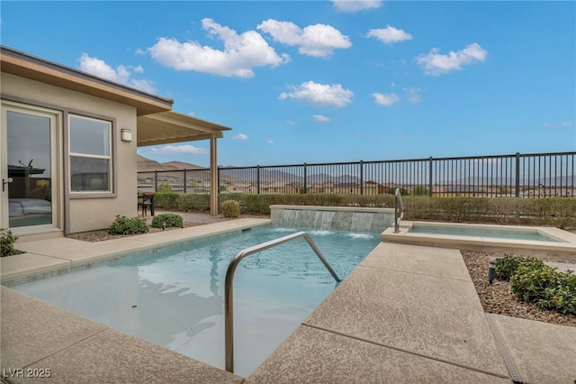 view of swimming pool featuring an outdoor hot tub, a fenced in pool, and a fenced backyard