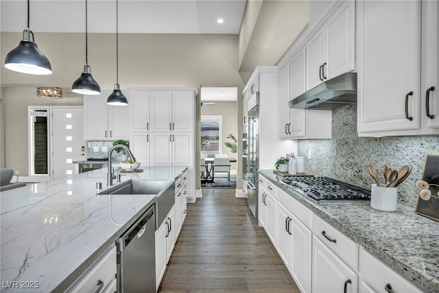 kitchen with under cabinet range hood, white cabinetry, stainless steel appliances, and a sink