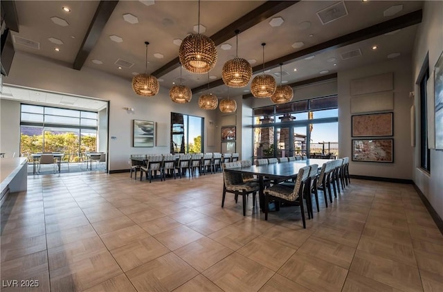 tiled dining room with baseboards, visible vents, beam ceiling, a high ceiling, and recessed lighting