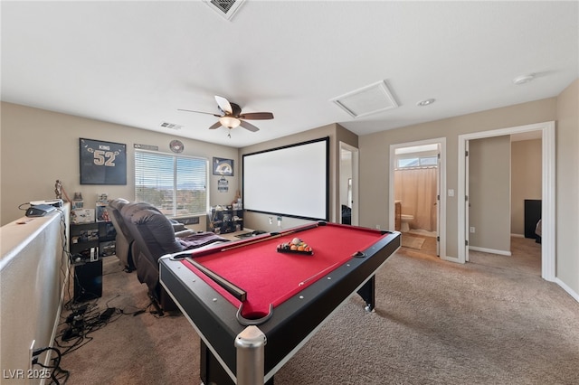 playroom with carpet floors, attic access, visible vents, and pool table