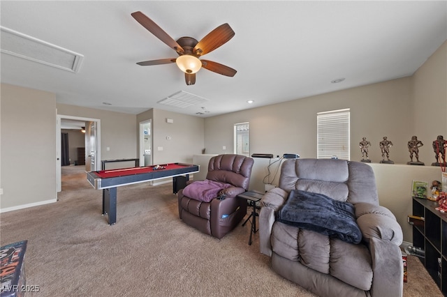 rec room with light colored carpet, ceiling fan, and baseboards