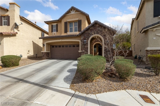 view of front facade featuring stone siding, an attached garage, driveway, and stucco siding