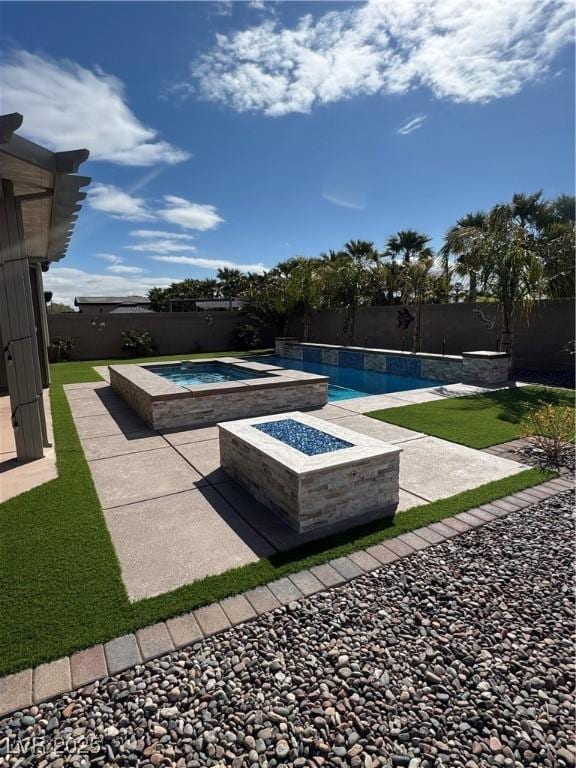 view of pool with a fenced in pool, a patio, an in ground hot tub, and a fenced backyard