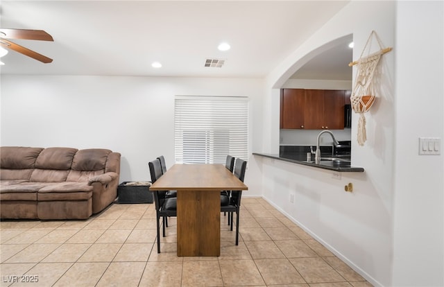 dining area featuring recessed lighting, visible vents, ceiling fan, and light tile patterned floors