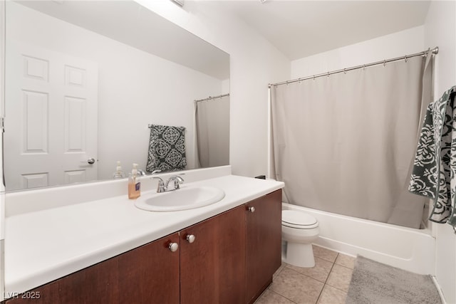 bathroom with tile patterned flooring, shower / bathtub combination with curtain, vanity, and toilet