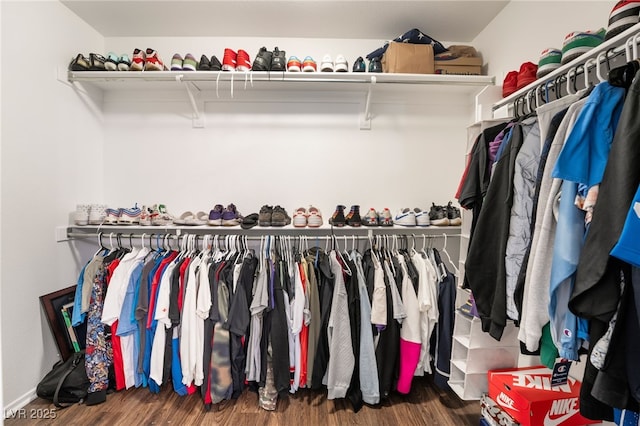 walk in closet with wood finished floors