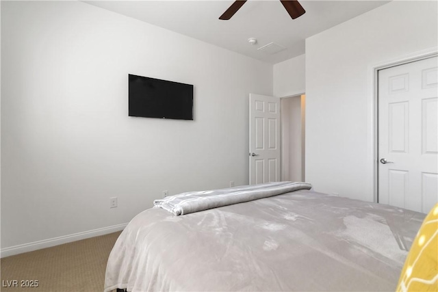 bedroom featuring a ceiling fan, carpet flooring, and baseboards