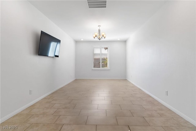 unfurnished room with baseboards, visible vents, a chandelier, and recessed lighting