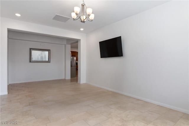 unfurnished room featuring a chandelier, recessed lighting, visible vents, and baseboards