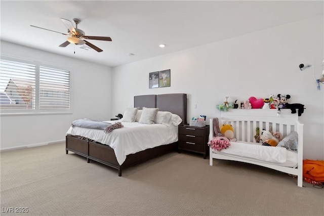 bedroom with a ceiling fan, carpet, baseboards, and recessed lighting