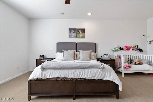 bedroom with ceiling fan, carpet floors, recessed lighting, and baseboards