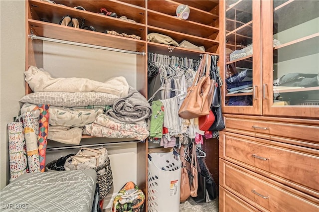 walk in closet featuring carpet flooring