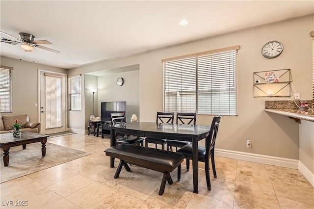 dining space featuring light tile patterned floors, visible vents, baseboards, ceiling fan, and recessed lighting