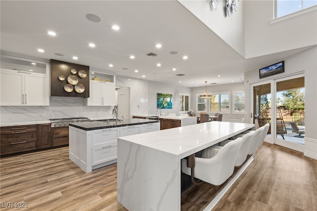 kitchen featuring light wood finished floors, backsplash, a large island with sink, stainless steel gas stovetop, and a sink