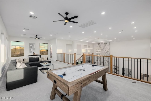 game room with a ceiling fan, carpet flooring, visible vents, and recessed lighting