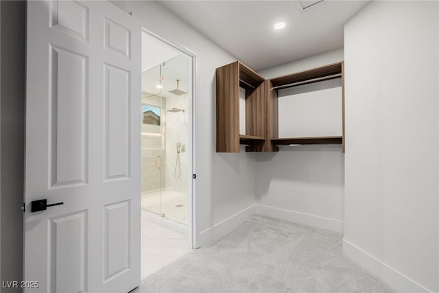 walk in closet with light colored carpet