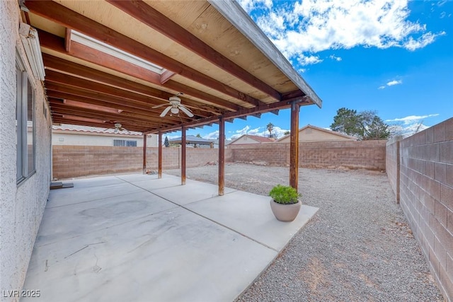 view of patio / terrace featuring a fenced backyard and ceiling fan