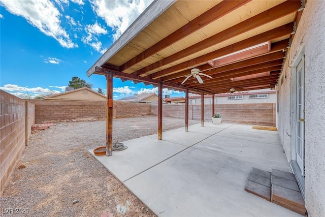 view of patio / terrace featuring ceiling fan and a fenced backyard