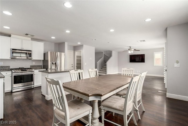 dining space featuring baseboards, stairway, dark wood finished floors, and recessed lighting