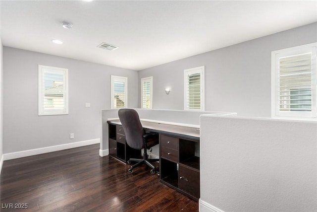 home office featuring baseboards, visible vents, and dark wood-type flooring