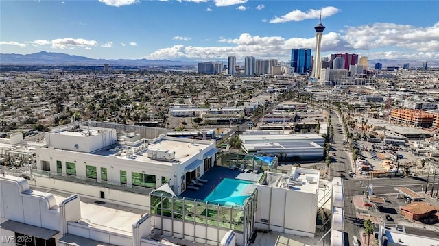 bird's eye view with a view of city and a mountain view