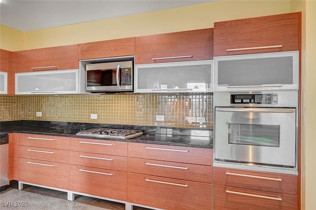 kitchen featuring open shelves, modern cabinets, backsplash, and stainless steel appliances