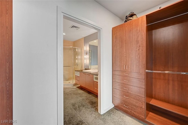 bathroom with visible vents, vanity, and a shower stall