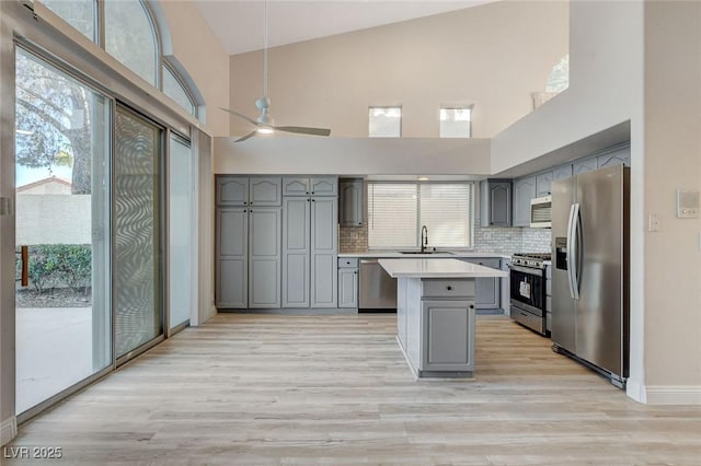 kitchen featuring a wealth of natural light, gray cabinets, appliances with stainless steel finishes, and a sink