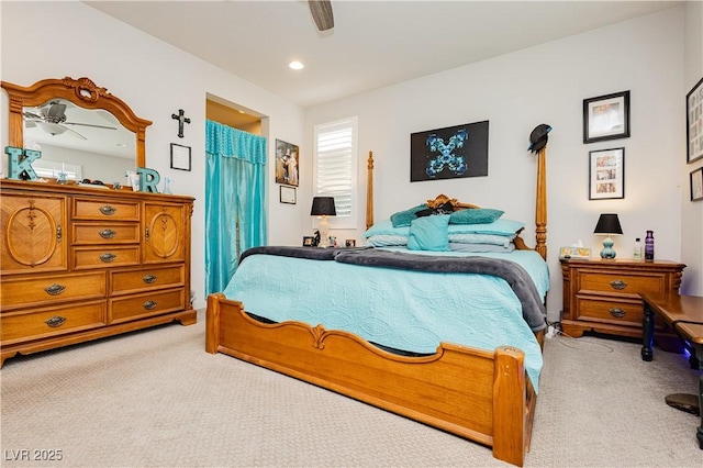 4560 E Cactus Canyon Dr, Pahrump, NV 89061 - bedroom featuring light carpet, ceiling fan, and recessed lighting