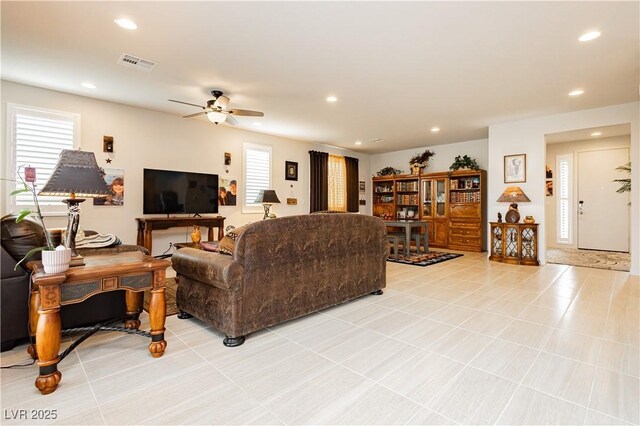 4560 E Cactus Canyon Dr, Pahrump, NV 89061 - living area with a ceiling fan, visible vents, and recessed lighting