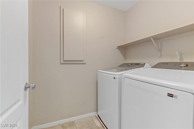 clothes washing area with laundry area, baseboards, and washing machine and clothes dryer