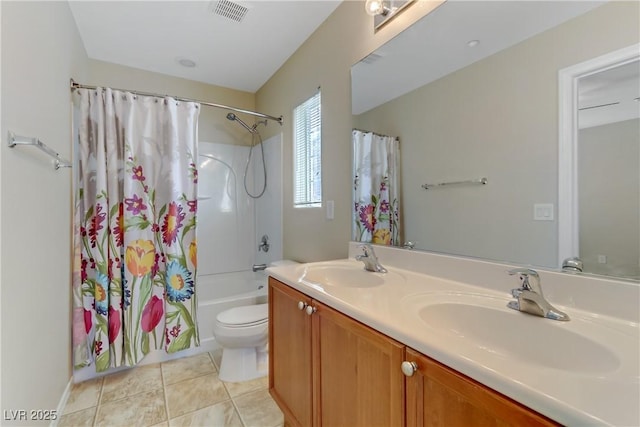 full bath featuring shower / tub combo, tile patterned flooring, a sink, and visible vents