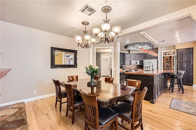 dining room with light wood-type flooring, visible vents, and baseboards