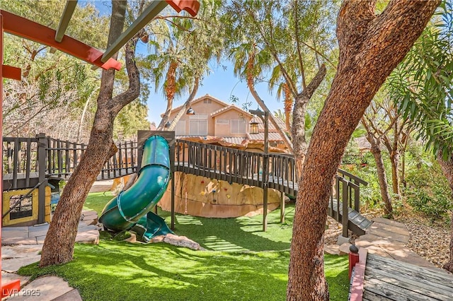 view of jungle gym with a yard