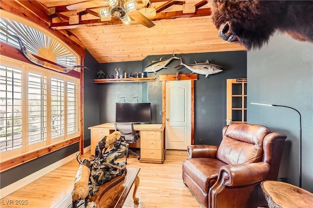 living room with lofted ceiling with beams, wood ceiling, ceiling fan, wood finished floors, and baseboards