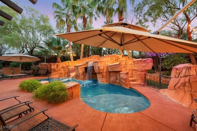 view of swimming pool with a fenced in pool, a patio area, and fence